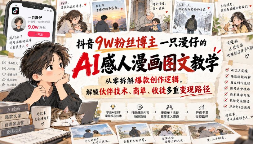抖音9W粉丝博主一只漫仔的AI感人漫画图文教学，从零拆解爆款创作逻辑，解锁伙伴技术、商单、收徒多重变现路径-悟思笔记，一个低调的学习营。