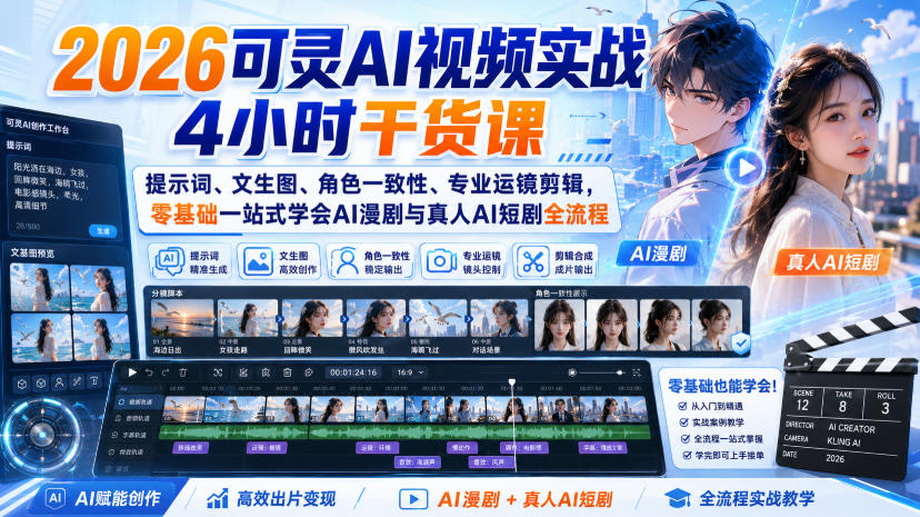 2026可灵AI视频实战4小时干货课｜提示词、文生图、角色一致性、专业运镜剪辑，零基础一站式学会AI漫剧与真人AI短剧全流程-悟思笔记，一个低调的学习营。