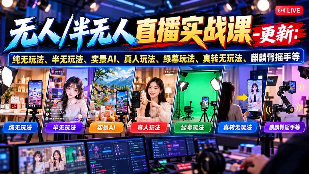 无人/半无人直播实战课-10月20更新：纯无玩法、半无玩法、实景AI、真人玩法、绿幕玩法、真转无玩法、麒麟臂摇手等-悟思笔记，一个低调的学习营。