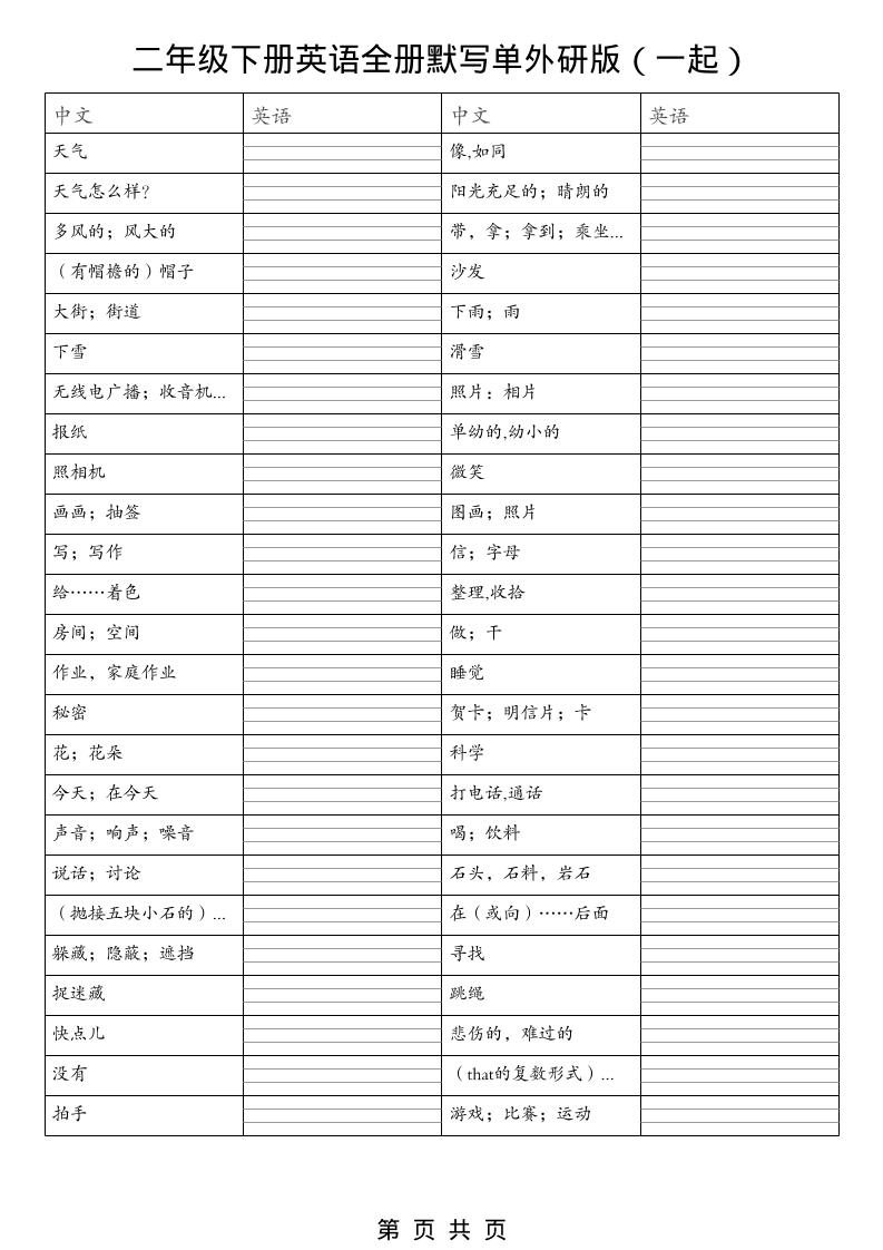 二年级下英语全册默写单（看中写英）《外研版（一起）》-悟思笔记，一个低调的学习营。