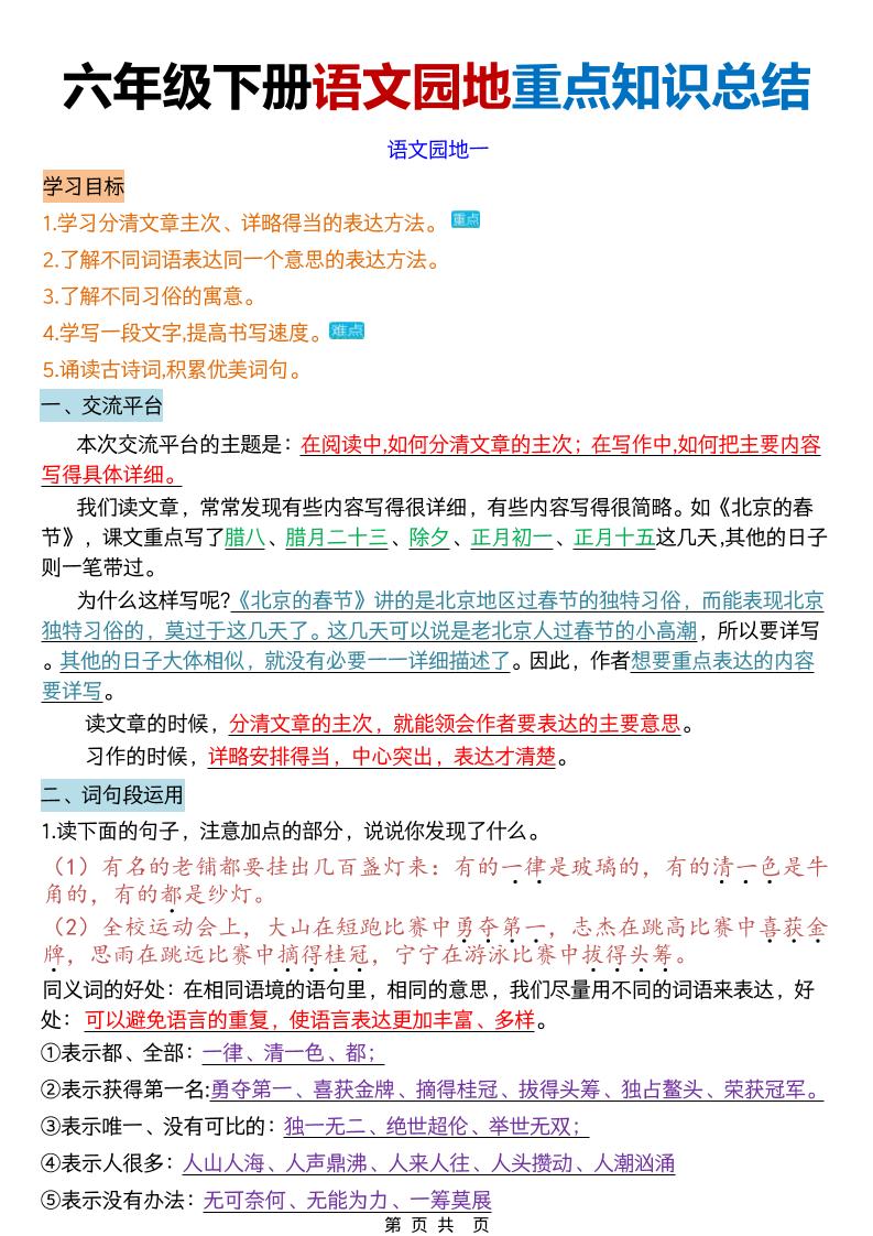 六年级下语文园地重点知识总结-悟思笔记，一个低调的学习营。