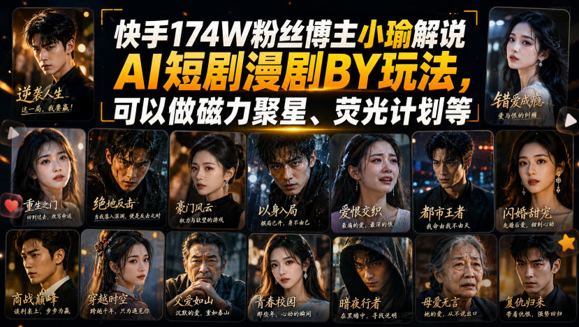 快手174W粉丝博主小瑜解说AI短剧漫剧搬运玩法，可以做磁力聚星、荧光计划等-悟思笔记，一个低调的学习营。