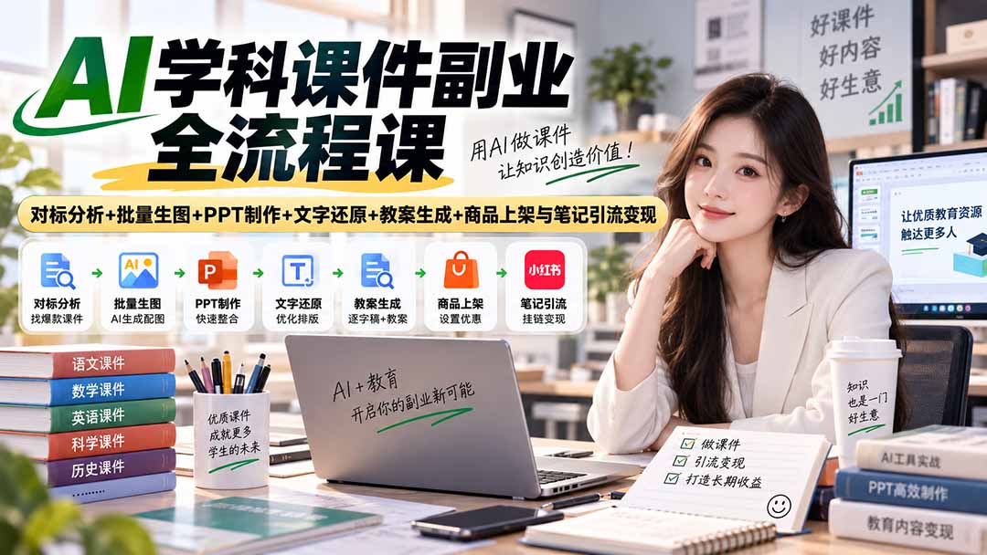 AI学科课件副业全流程课｜对标分析+批量生图+PPT制作+文字还原+教案生成+商品上架与笔记引流变现-悟思笔记，一个低调的学习营。