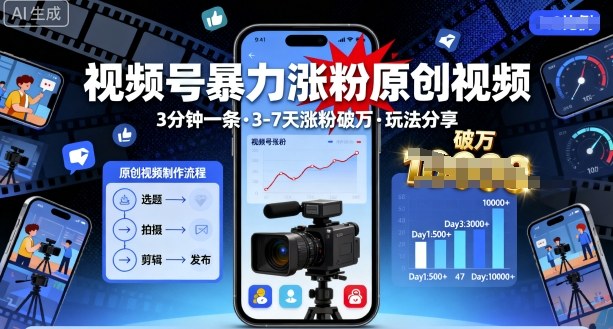 视频号暴力涨粉原创视频，3分钟一条原创视频，3-7天涨粉破万，玩法分享给你-悟思笔记，一个低调的学习营。