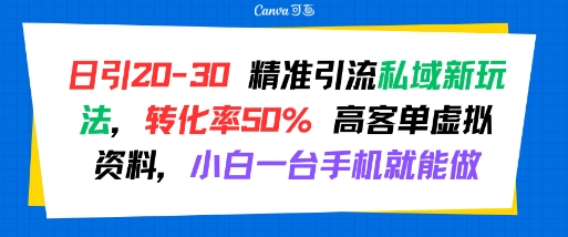 日引 20-30 精准引流私域新玩法，转化率50% 高客单虚拟资料，小白一台手机就能做-悟思笔记，一个低调的学习营。