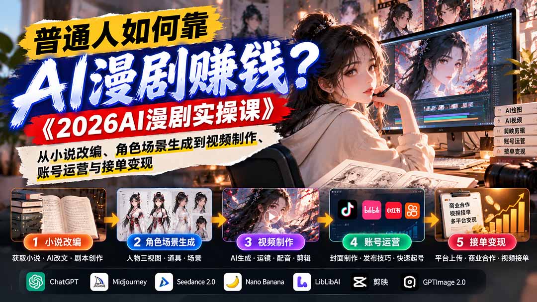 普通人如何靠AI漫剧赚钱？《2026AI漫剧实操课》从小说改编、角色场景生成到视频制作、账号运营与接单变现-悟思笔记，一个低调的学习营。