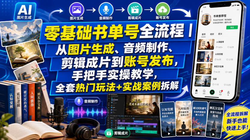 零基础书单号全流程｜从图片生成、音频制作、剪辑成片到账号发布，手把手实操教学，全套热门玩法+实战案例拆解-悟思笔记，一个低调的学习营。
