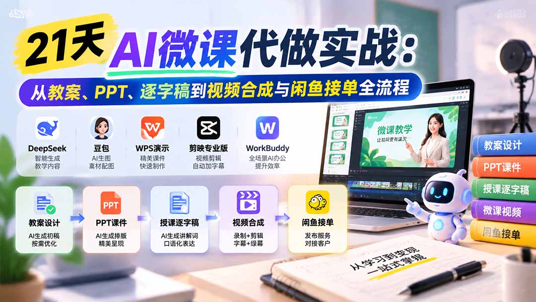 21天AI微课代做实战：从教案、PPT、逐字稿到视频合成与闲鱼接单全流程-悟思笔记，一个低调的学习营。