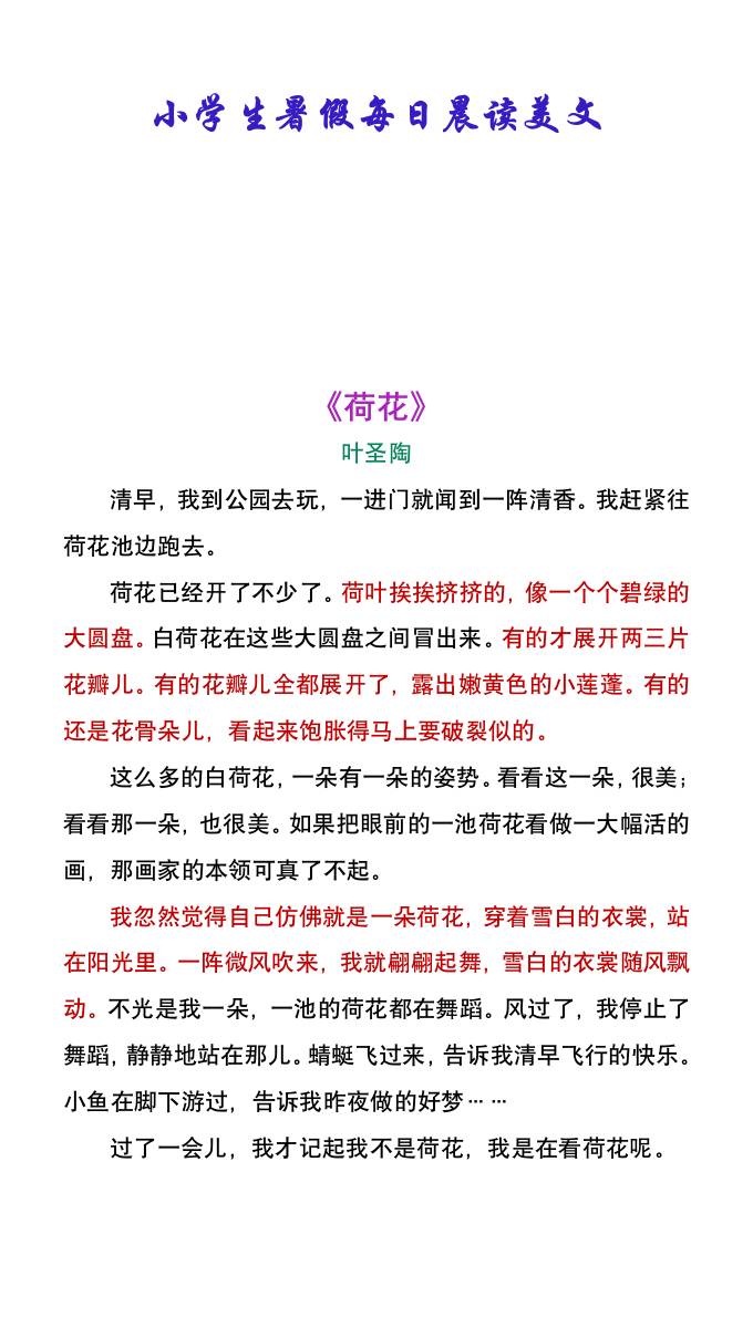 小学生暑假每日晨读美文：叶圣陶《荷花》-小升初语文-悟思笔记，一个低调的学习营。