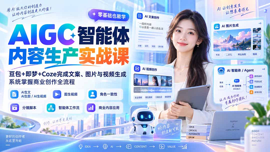 AIGC智能体内容生产实战课：豆包+即梦+Coze完成文案、图片与视频生成，系统掌握商业创作全流程-悟思笔记，一个低调的学习营。