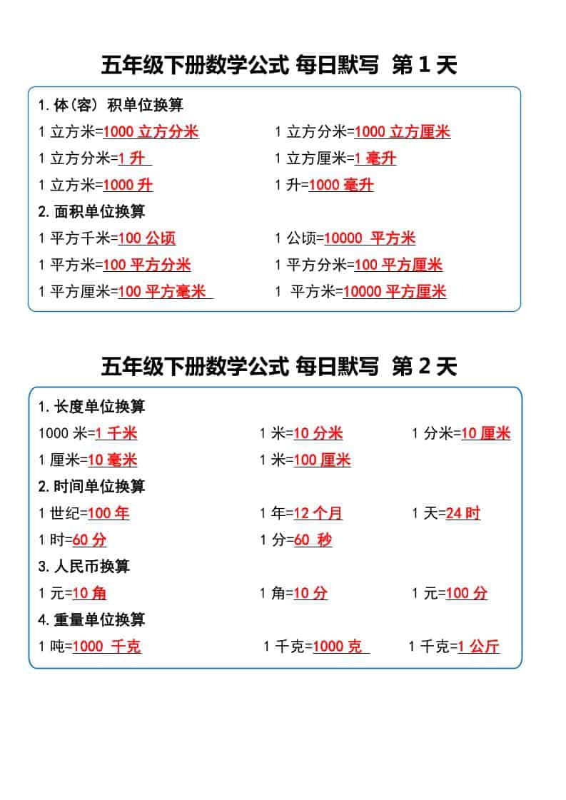 五年级下数学数学公式每日默写小纸条-悟思笔记，一个低调的学习营。