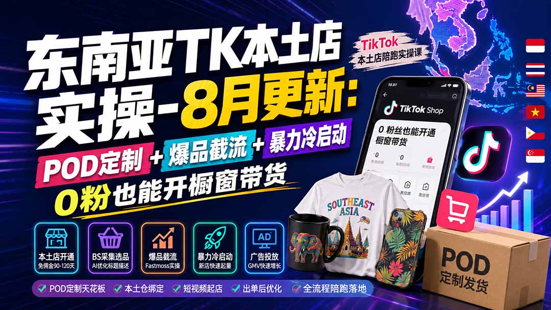 东南亚TK本土店实操-8月更新：POD定制+爆品截流+暴力冷启动，0粉也能开橱窗带货-悟思笔记，一个低调的学习营。
