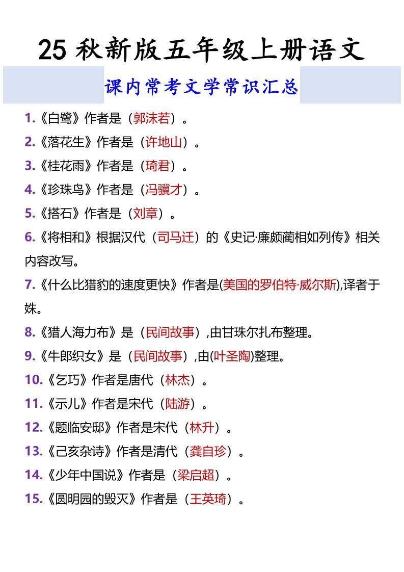 【2025秋新版】五年级上册语文课内常考文学常识汇总-悟思笔记，一个低调的学习营。