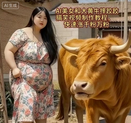 AI美女和大黄牛摔跤搞笑荒诞视频制作教程，快速涨千粉万粉-悟思笔记，一个低调的学习营。