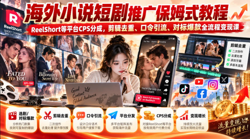 海外小说短剧推广保姆式教程｜ReelShort等平台CPS分成，剪辑去重、口令引流、对标爆款全流程变现课-悟思笔记，一个低调的学习营。
