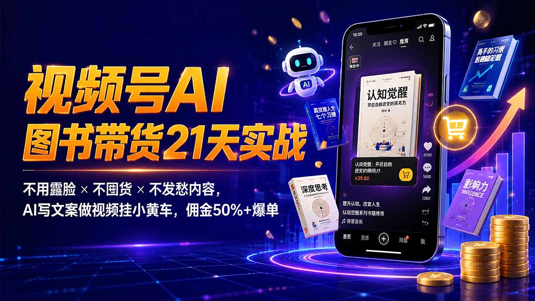 繁花视频号AI图书带货21天实战：不用露脸×不囤货×不发愁内容，AI写文案做视频挂小黄车，佣金50%+爆单-悟思笔记，一个低调的学习营。