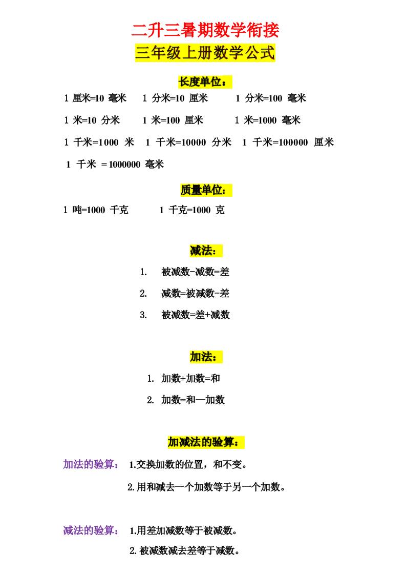 三年级上册数学公式-悟思笔记，一个低调的学习营。
