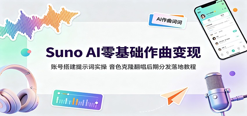 Suno AI零基础作曲变现：账号搭建提示词实操，音色克隆翻唱后期分发落地教程-悟思笔记，一个低调的学习营。
