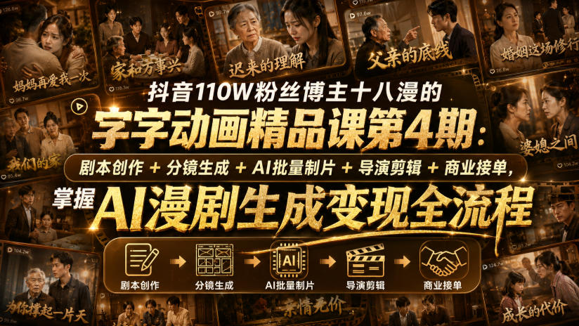 抖音110W粉丝博主十八漫的字字动画精品课第4期：剧本创作+分镜生成+剪辑+商业接单，掌握AI漫剧生成变现全流程-悟思笔记，一个低调的学习营。