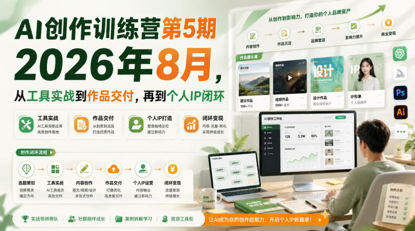 AI创作训练营第5期2026年8月，从工具实战到作品交付，再到个人IP闭环-悟思笔记，一个低调的学习营。