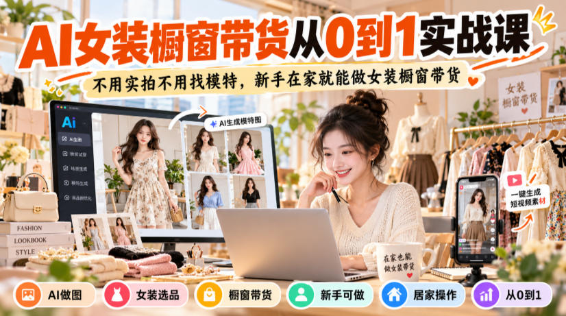 AI女装橱窗带货从0到1实战课，不用实拍不用找模特，新手在家就能做女装橱窗带货-悟思笔记，一个低调的学习营。