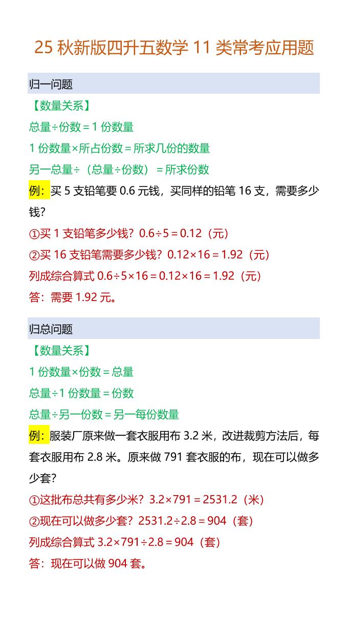 【2025秋新版】四升五数学11类常考应用题-五上数学-悟思笔记，一个低调的学习营。