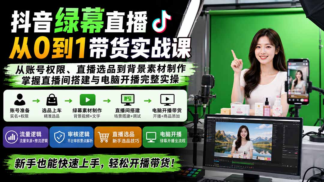 抖音绿幕直播从0到1带货实战课：从账号权限、直播选品到背景素材制作，掌握直播间搭建与电脑开播完整实操-悟思笔记，一个低调的学习营。
