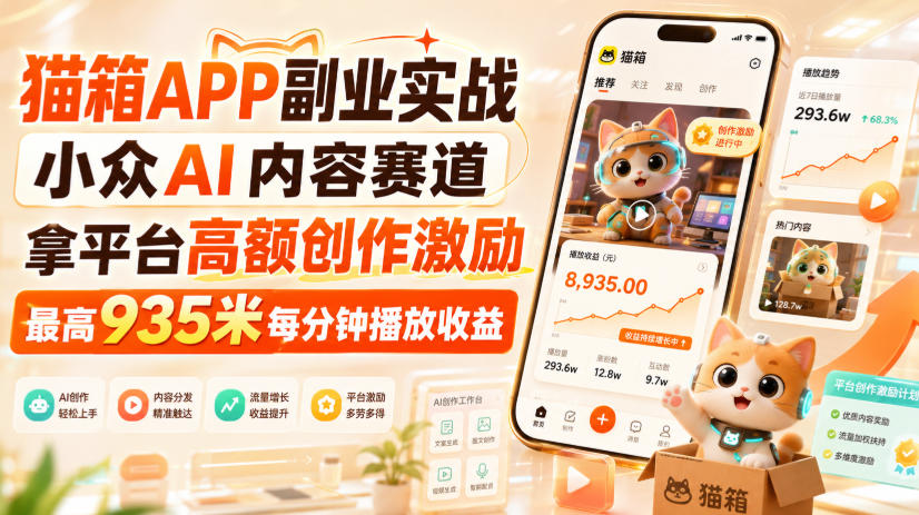 猫箱APP副业实战，小众AI内容赛道，拿平台高额创作激励，最高935米每分钟播放收益-悟思笔记，一个低调的学习营。