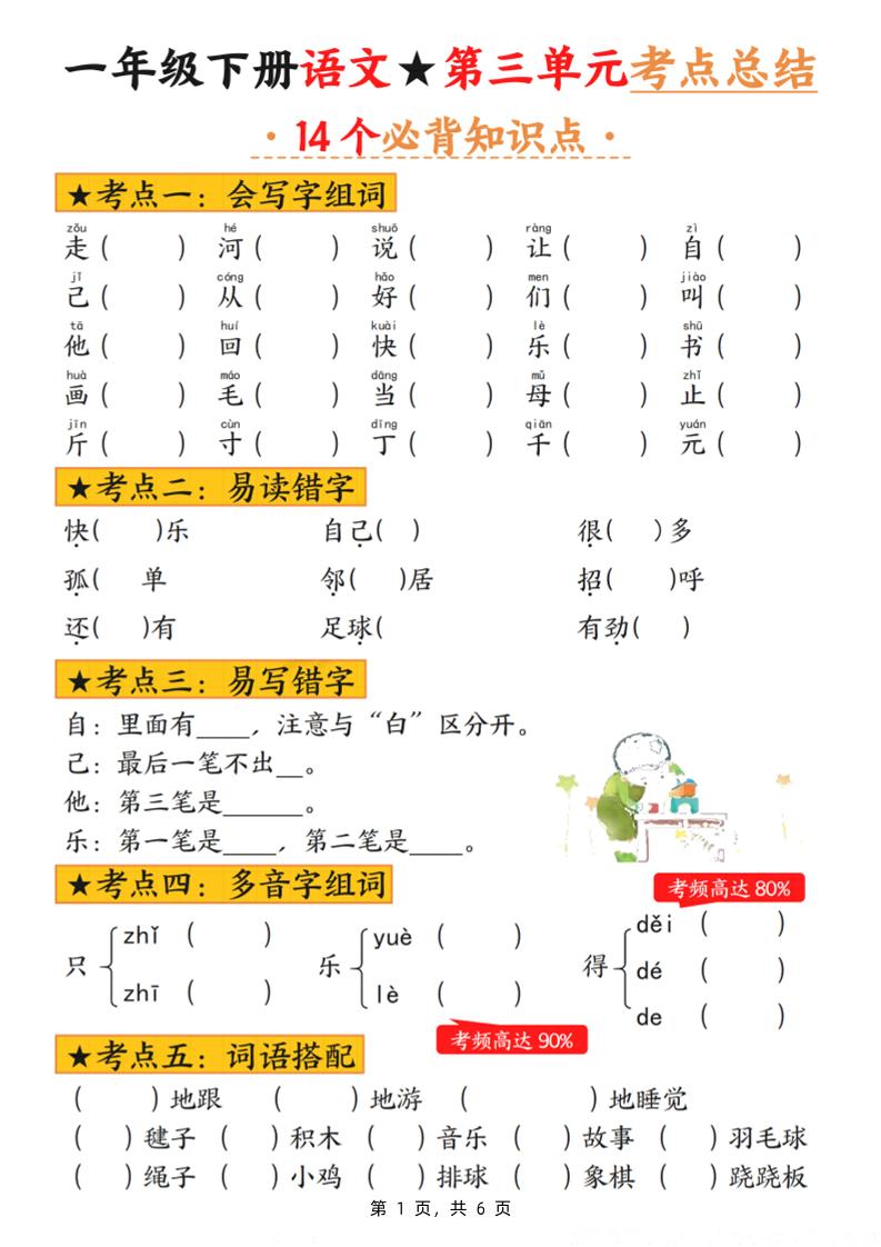一下语文第三单元考点总结（含练习6页）-悟思笔记，一个低调的学习营。