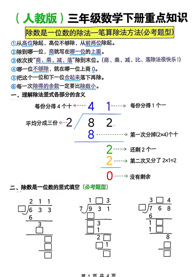 三年级下数学除数是一位数的除法—笔算除法方法(必考题型)《人教版》-悟思笔记，一个低调的学习营。