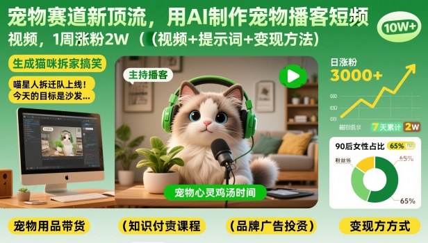 宠物赛道新顶流，用AI制作宠物播客短视频，1周涨粉2W(视频+提示词+变现方法)-悟思笔记，一个低调的学习营。