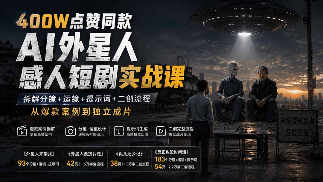 400W点赞同款AI外星人感人短剧实战课-更新1009：拆解分镜+运镜+提示词+二创流程，从爆款案例到独立成片-悟思笔记，一个低调的学习营。