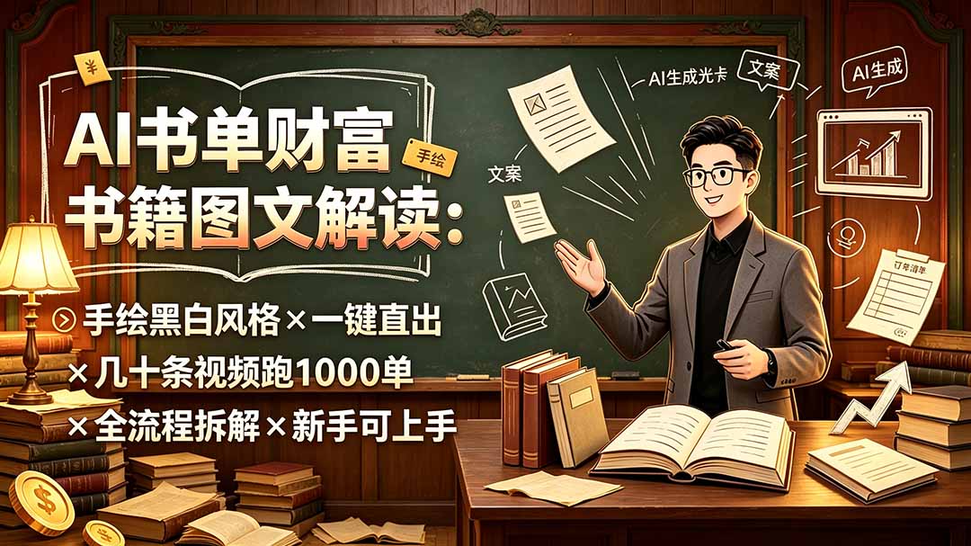 AI书单财富书籍图文解读：手绘黑白风格×一键直出×几十条视频跑1000单×全流程拆解×新手可上手-悟思笔记，一个低调的学习营。