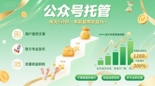 【公众号托管 】我提供文章，你发布，每天5分钟，单篇最高收益1k+【揭秘】-悟思笔记，一个低调的学习营。