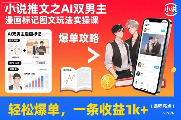 小说推文之AI双男主漫画标记图文玩法实操课，轻松爆单，一条收益1k+-悟思笔记，一个低调的学习营。