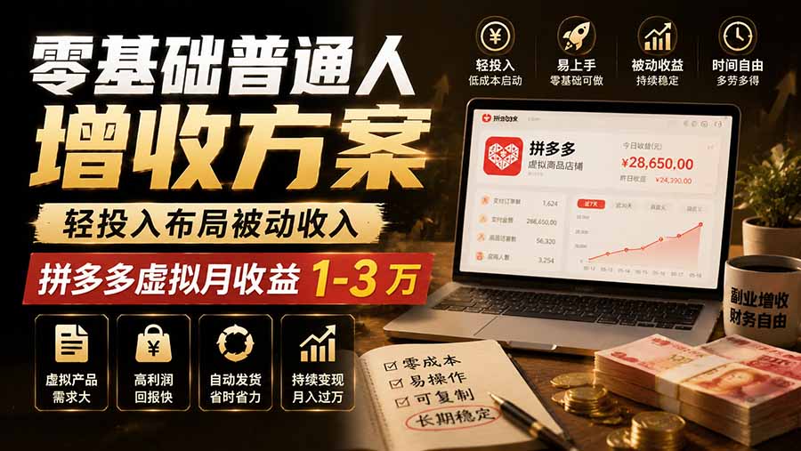 零基础普通人增收方案，轻投入布局被动收入，多多虚拟月收益 1-3 万-悟思笔记，一个低调的学习营。