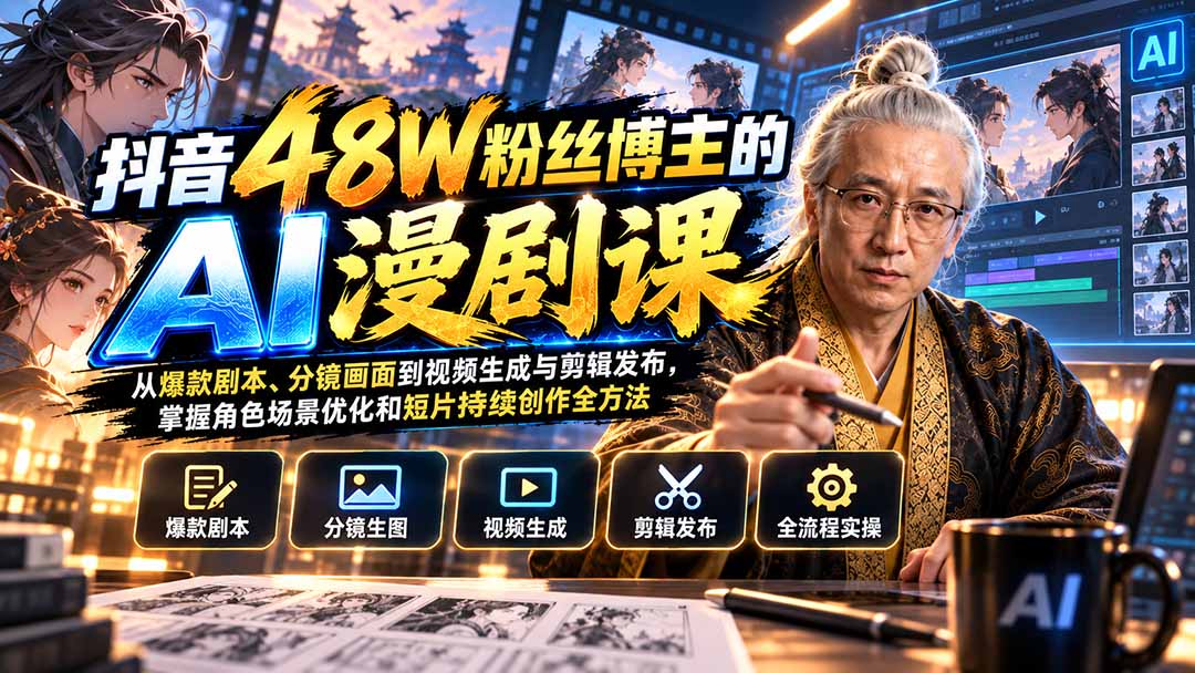 抖音48W粉丝博主的AI漫剧课：从爆款剧本、分镜画面到视频生成与剪辑发布，掌握角色场景优化和短片持续创作全方法-悟思笔记，一个低调的学习营。