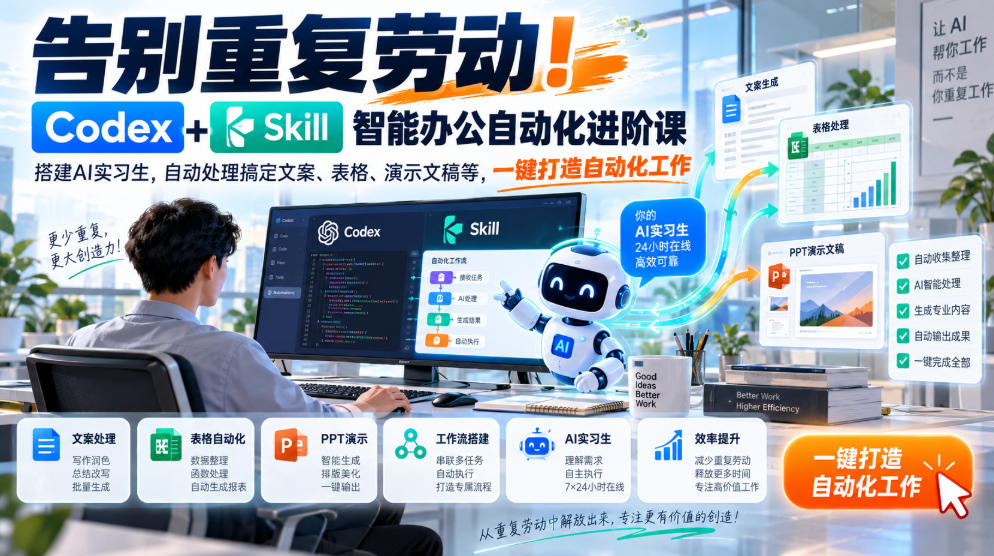 告别重复劳动！Codex+Skill智能办公自动化进阶课｜搭建AI实习生，自动处理搞定文案、表格、演示文稿等，一键打造自动化工作-悟思笔记，一个低调的学习营。