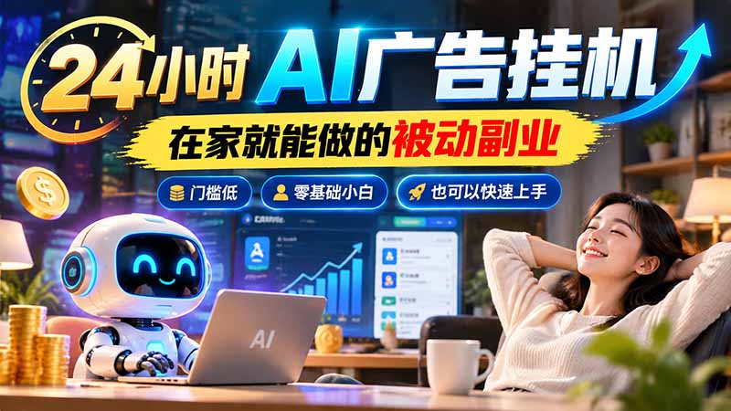 24小时AI广告挂机｜在家就能做的被动副业，门槛低，零基础小白也可以快速上手-悟思笔记，一个低调的学习营。
