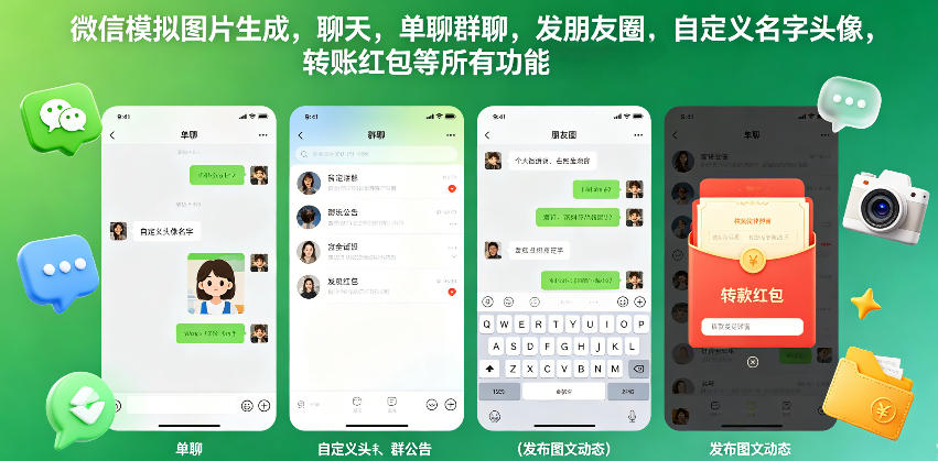 微信模拟图片生成，聊天，单聊群聊，发朋友圈，自定义名字头像，转账红包等所有功能都可以生成-悟思笔记，一个低调的学习营。