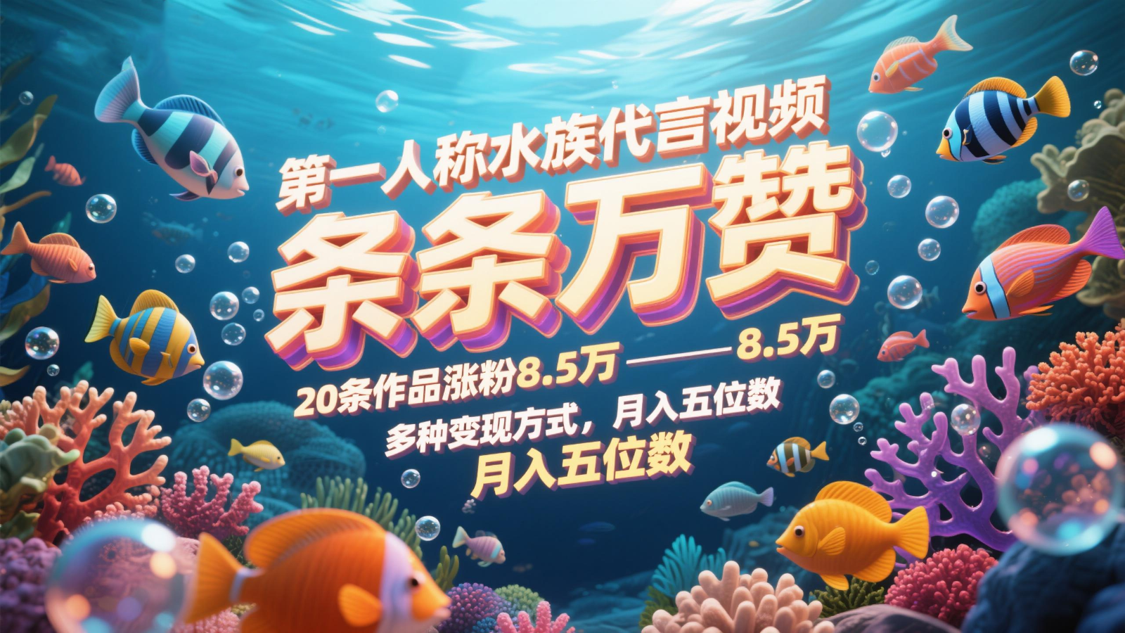 第一人称水族代言视频，条条万赞，20条作品涨粉8.5万，多种变现方式月，入五位数-悟思笔记，一个低调的学习营。