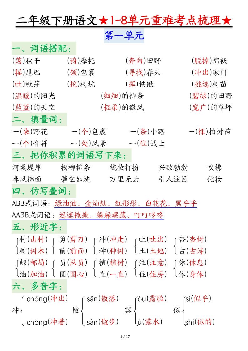二下语文期末复习1-8单元重难考点梳理总结（17页）-悟思笔记，一个低调的学习营。