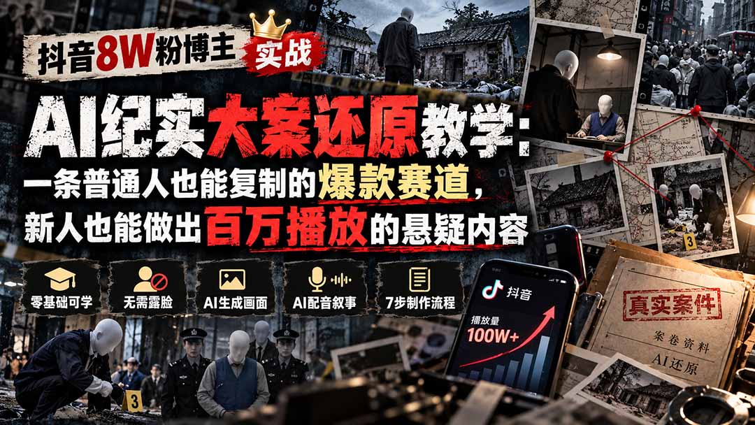 抖音8W粉博主AI纪实大案还原教学：一条普通人也能复制的爆款赛道，新人也能做出百万播放的悬疑内容-悟思笔记，一个低调的学习营。