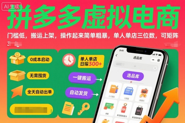 拼多多虚拟电商，门槛低，搬运上架，操作起来简单粗暴，单人单店三位数，可矩阵-悟思笔记，一个低调的学习营。