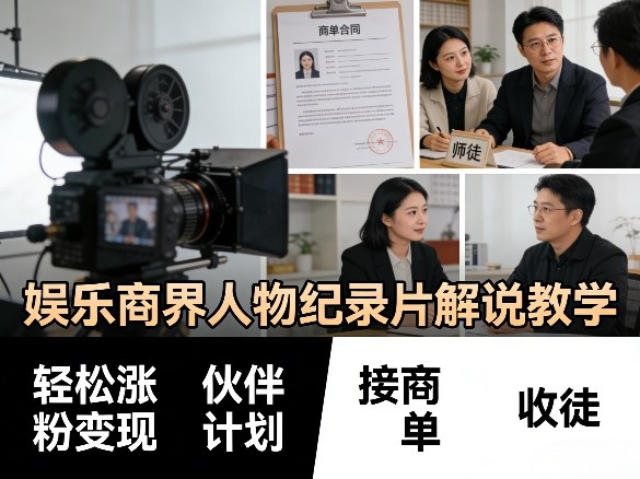 娱乐商界人物纪录片解说教学，轻松涨粉变现，伙伴计划，接商单，收徒等-悟思笔记，一个低调的学习营。