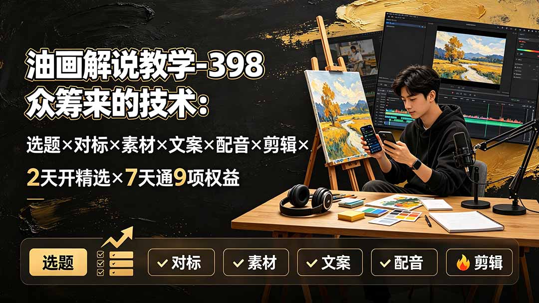 油画解说教学-398众筹来的技术：选题×对标×素材×文案×配音×剪辑×2天开精选×7天通9项权益-悟思笔记，一个低调的学习营。
