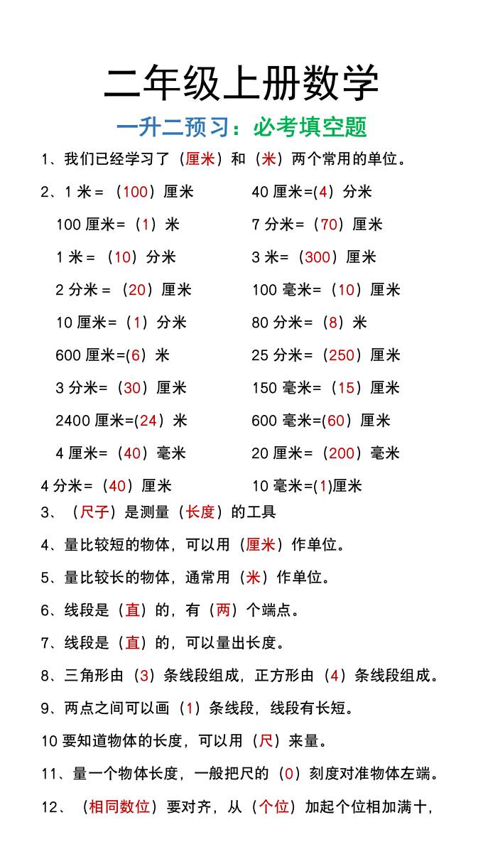 二年级上册数学暑假预习必做《重点填空题》-悟思笔记，一个低调的学习营。