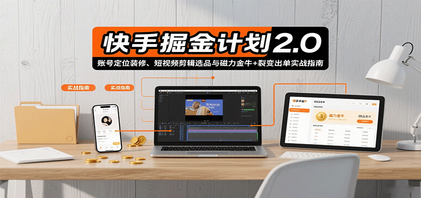 快手掘金计划2.0，账号定位装修、短视频剪辑选品与磁力金牛+裂变出单实战指南-悟思笔记，一个低调的学习营。