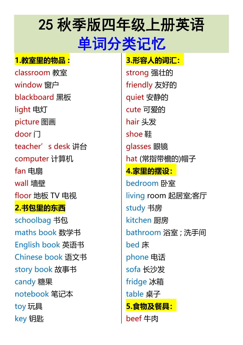 【2025秋新版】四年级上册英语•单词分类记忆-悟思笔记，一个低调的学习营。