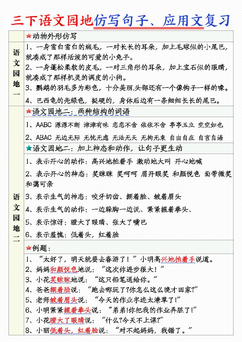 三年级下语文1-8单元语文园地句子仿写+应用文专练-悟思笔记，一个低调的学习营。